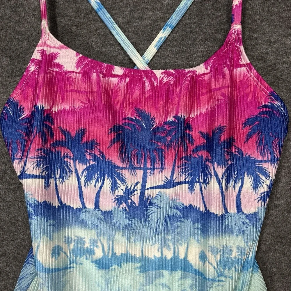 Vintage Catalina Swimsuit Size L Tropical Floral Pink Blue One Piece High Cut